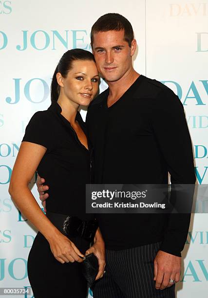 Player Trent Croad and partner arrive for the David Jones Winter 2008 Collection Launch 'A Japanese Story' at the Melbourne Town Hall on February 27,...