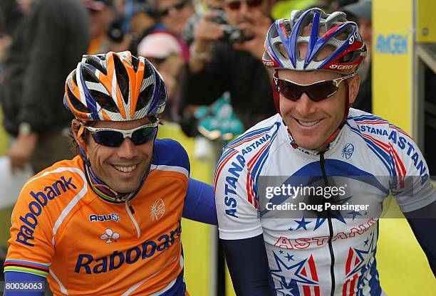 Oscar Freire of Span, riding for Team Rabobank, poses with Levi Leipheimer of the United States, riding for Astana, before Stage 1 of the AMGEN Tour...