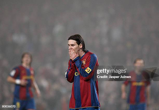Lionel Messi of Barcelona reacts during the Copa del Rey semi final match between Barcelona and Valencia at the Camp Nou Stadium on February 27, 2008...