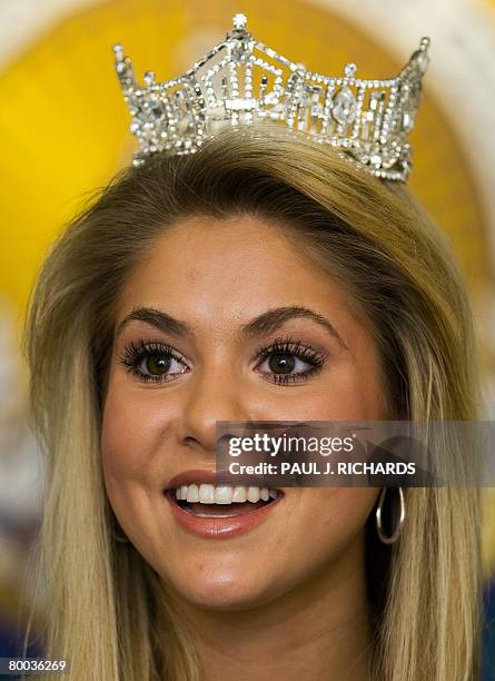 Miss America 2008 Kirsten Haglund, from Farmington Hills, Michigan, delivers remarks at the National Press Club in Washington, DC, on February 27,...