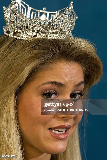 Miss America 2008 Kirsten Haglund, from Farmington Hills, Michigan, delivers remarks at the National Press Club in Washington, DC, on February 27,...