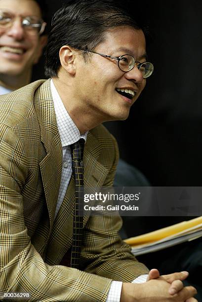 Jerry Yang, Cofounder and Chief Yahoo, Yahoo! Inc., has a laugh after giving the openning keynote address at the Boston College Finance Conference...