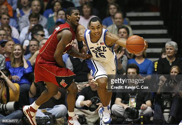 Gerald Henderson of the Duke Blue Devils moves of the ball against the Maryland Terrapins during the game at Cameron Indoor Stadium on February 13,...