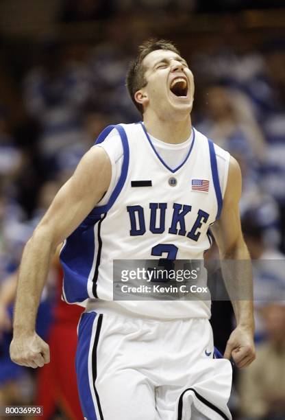 Greg Paulus of the Duke Blue Devils reacts against the Maryland Terrapins during the game at Cameron Indoor Stadium on February 13, 2008 in Durham,...