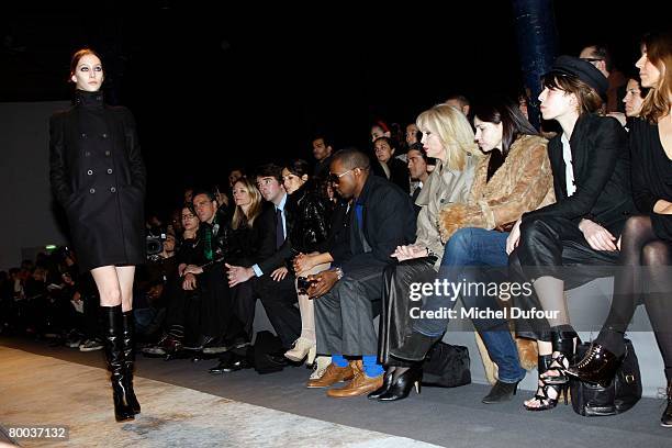 Delphine Arnault, Antoine Arnault, Astrid Munoz, Kanye West, Amanda lear, Beatrice Dalle, Lou Doillon attends the Givenchy Fashion show during Paris...