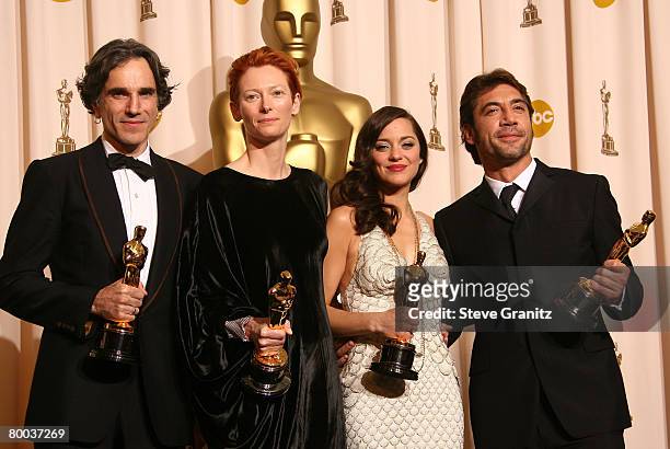 Actors Daniel Day-Lewis, Tilda Swinton, Marion Cotillard and Javier Bardem pose in the press room during the 80th Annual Academy Awards at the Kodak...