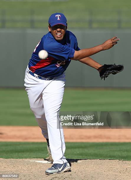 Wes Littleton of the Texas Rangers pitches during the game against the Kansas City Royals at Surprise Stadium on February 27, 2008 in Surprise,...