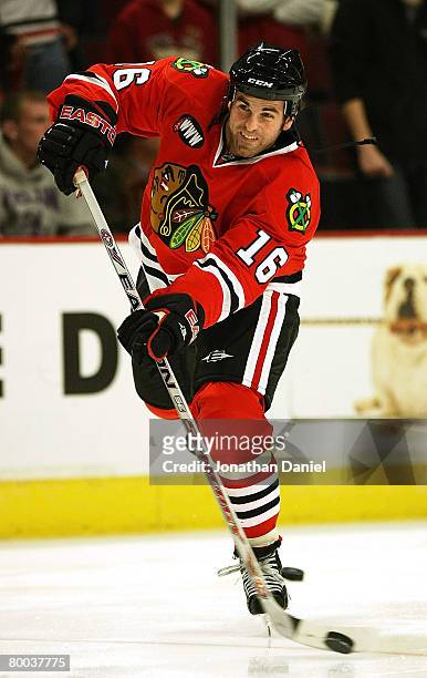 Andrew Ladd of the Chicago Blackhawks skates during warm-ups before a game against the Phoenix Coyotes on February 27, 2008 at the United Center in...