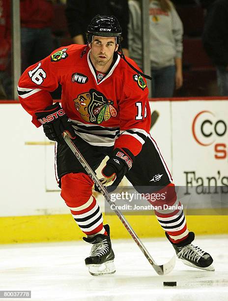 Andrew Ladd of the Chicago Blackhawks skates during warm-ups before a game against the Phoenix Coyotes on February 27, 2008 at the United Center in...