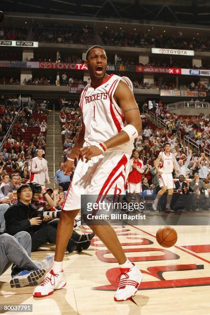 Tracy McGrady of the Houston Rockets shouts during the game against the Miami Heat on February 21, 2008 at the Toyota Center in Houston, Texas. The...