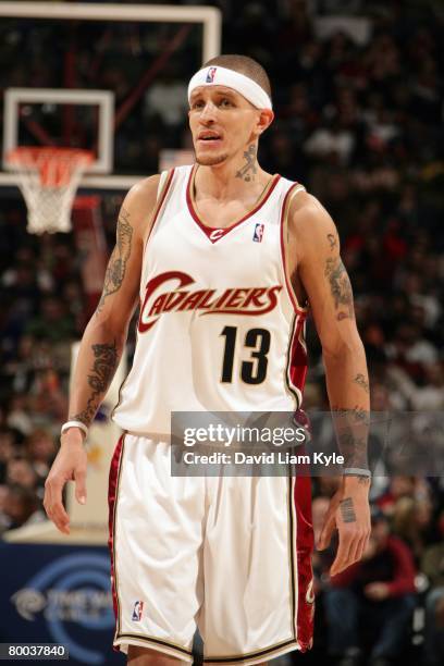 Delonte West of the Cleveland Cavaliers looks on during the game against the Memphis Grizzlies at Quicken Loans Arena on February 24, 2008 in...