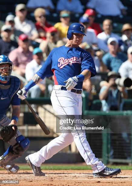 Josh Hamilton of the Texas Rangers at bat during the game against the Kansas City Royals during a preseason game at Surprise Stadium on February 27,...