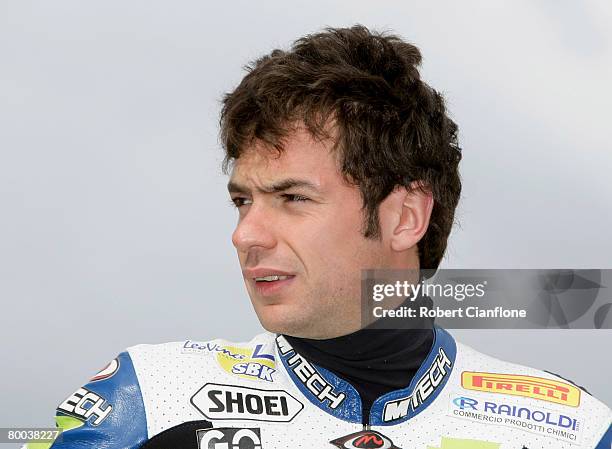 Roberto Rolfo of of Italy and Hannspree Honda Althea stands on the main straight ahead of round two of the Superbike World Championship at the...