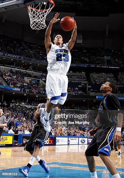 Derrick Rose loses the ball as he goes up for a dunk against the Tulsa Golden Hurricane at FedExForum on February 27, 2008 in Memphis, Tennessee....