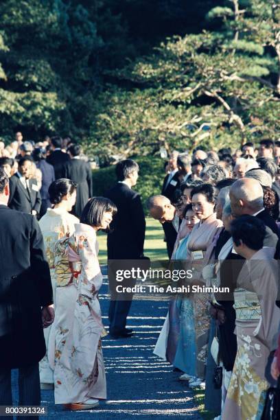 Princess Sayako talks with guests during the autumn garden party at Akasaka Imperial Garden on October 25, 1995 in Tokyo, Japan.