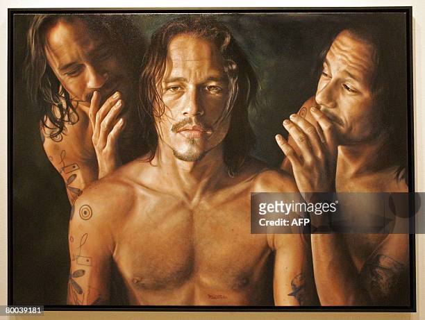 This photo shows Vincent Fantauzzo's painting titled 'Heath', of the late Australian actor Heath Ledger, as it is exhibited at Sydney's Art Gallery...