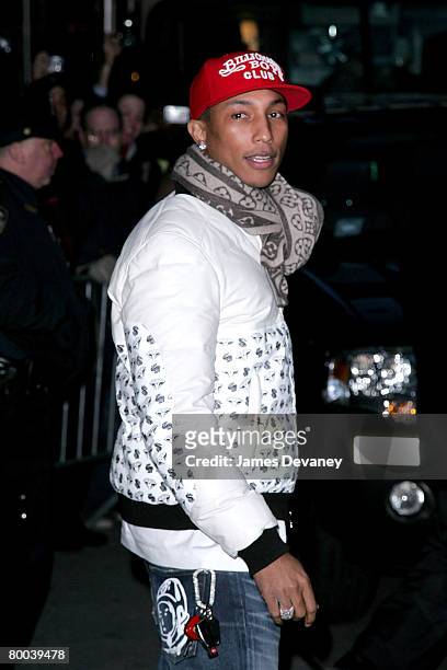 Pharrell visits "The Late Show with David Letterman" at Ed Sullivan Theatre on February 27, 2008 in New York City, New Yok.