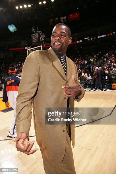 Chris Webber of the Golden State Warriors looks on with a smile during the NBA game against the Charlotte Bobcats on February 1, 2008 at Oracle Arena...