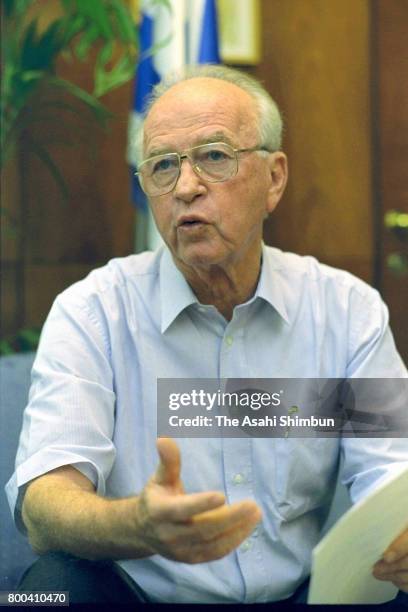 Israeli Prime Minister Yitzhak Rabin speaks during the Asahi Shimbun interview on September 5, 1995 in Jerusalem, Israel.