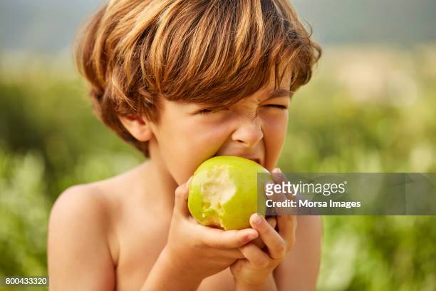 shirtless boy eating granny smith apple in yard - child eating a fruit stock pictures, royalty-free photos & images