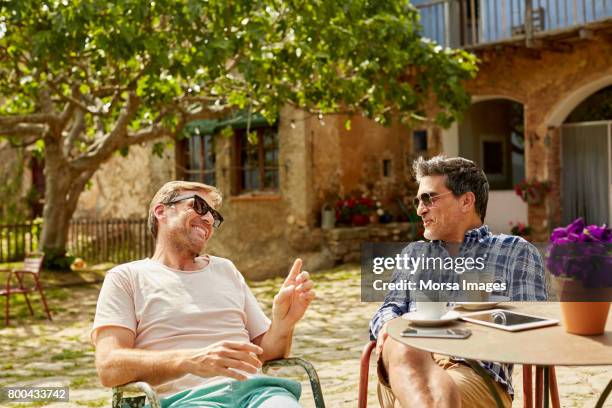 happy mature friends talking while sitting in yard - friends chatting mature foto e immagini stock