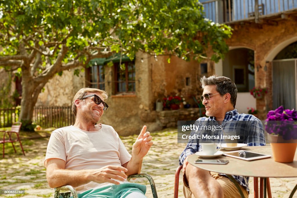 Happy mature friends talking while sitting in yard