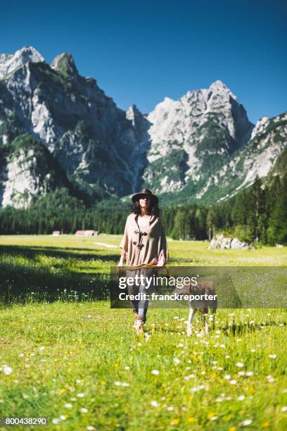 donna che cammina con il cane in montagna - trolese foto e immagini stock