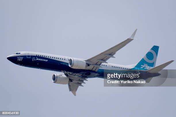 Boeing 737 MAX9 takes part in a flying display over the Le Bourget Airport during the 52nd International Paris Air Show on June 22 in Paris, France.