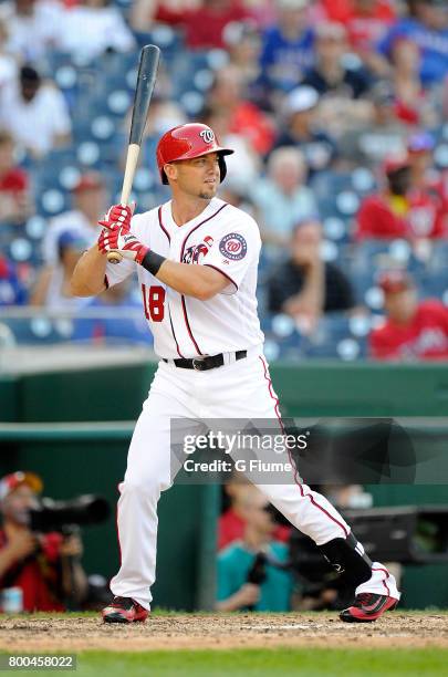 Ryan Raburn of the Washington Nationals bats against the Texas Rangers at Nationals Park on June 11, 2017 in Washington, DC.