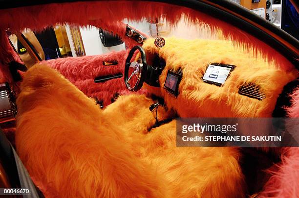 Picture taken on February 28 shows the interior of a car exhibited during the tenth edition of the "Paris Tuning and Racing Show" fair, that runs...