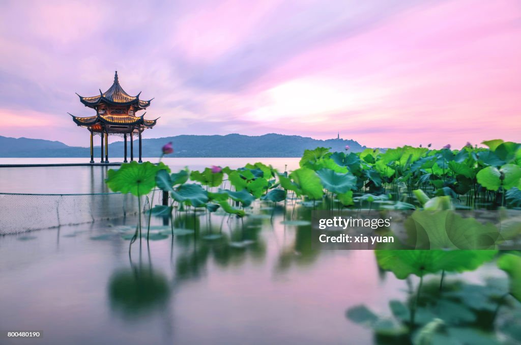 A pink sunset over the West Lake,Hangzhou,China