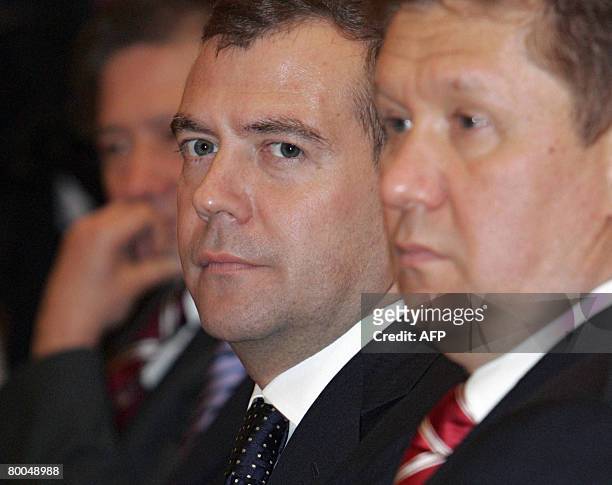 Russian First Deputy Prime Minister Dmitry Medvedev and Gazprom CEO Alexei Milller attend a press conference after signing the South Stream pipeline...