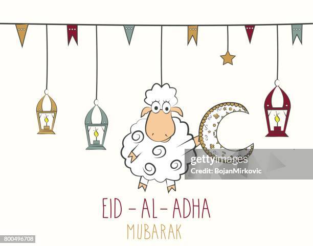 stockillustraties, clipart, cartoons en iconen met eid al adha mubarak. hand getekende poster. kleurrijke opknoping lantaarn - eid mubarak