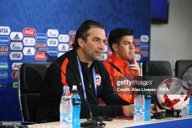 Juan Antonio Pizzi the coach of Chile and Francisco Silva face the media during a press conference at the Spartak Stadium during the FIFA...