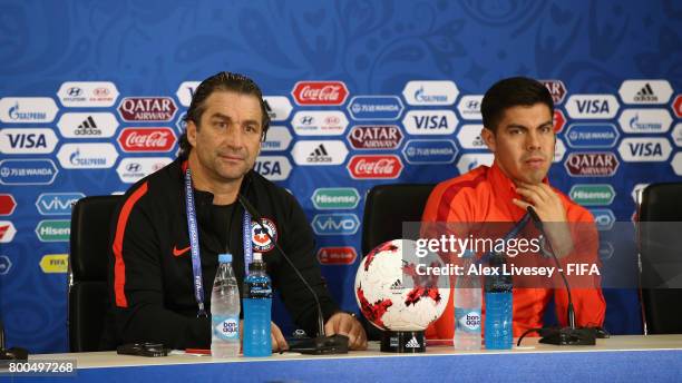 Juan Antonio Pizzi the coach of Chile and Francisco Silva face the media during a press conference at the Spartak Stadium during the FIFA...