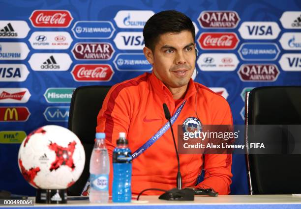 Francisco Silva of Chile faces the media during a press conference at the Spartak Stadium during the FIFA Confederations Cup Russia 2017 on June 24,...