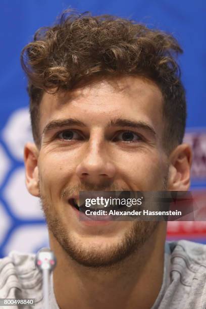 Leon Goretzka of Germany talks to the media during a Press Conference of the German national team ahead of their FIFA Confederations Cup Russia 2017...