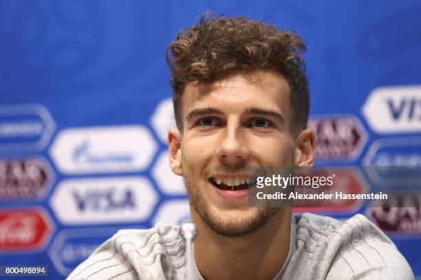 Leon Goretzka of Germany talks to the media during a Press Conference of the German national team ahead of their FIFA Confederations Cup Russia 2017...