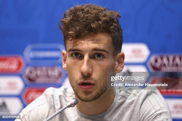 Leon Goretzka of Germany talks to the media during a Press Conference of the German national team ahead of their FIFA Confederations Cup Russia 2017...