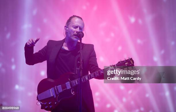Thom Yorke from Radiohead performs on the Pyramid Stage at the Glastonbury Festival site at Worthy Farm in Pilton on June 23, 2017 near Glastonbury,...