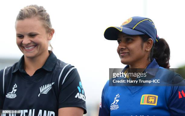 The two captains Suzie Bates of New Zealand and Inoka Ranaweera of Sri Lanka look on during the ICC Women's World Cup 2017 match between New Zealand...