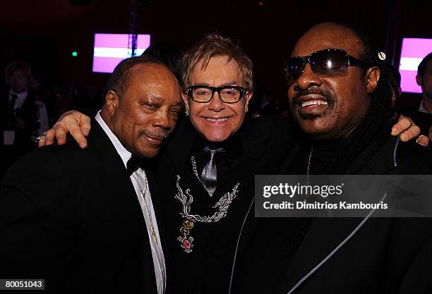 Quincy Jones, Elton John and Stevie Wonder attend the 16th Annual Elton John AIDS Foundation Academy Awards viewing party at the Pacific Design...