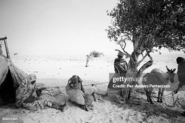 Women sit under a patch of shade in the Oure Cassoni refugee camp on July 26, 2007 about 23 kilometers outside Bahai, Chad. Since 2003, Darfur's...