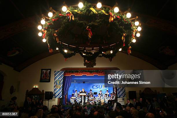 German Chancellor Angela Merkel delivers a speech during a CSU party rally in the Augustiner beer cellar on February 28, 2008 in Munich, Germany. The...