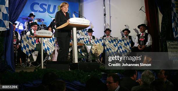 German Chancellor Angela Merkel delivers a speech during a CSU party rally in the Augustiner beer cellaron February 28, 2008 in Munich, Germany. The...