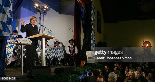 German Chancellor Angela Merkel delivers a speech during a CSU party rally in the Augustiner beer cellar on February 28, 2008 in Munich, Germany. The...