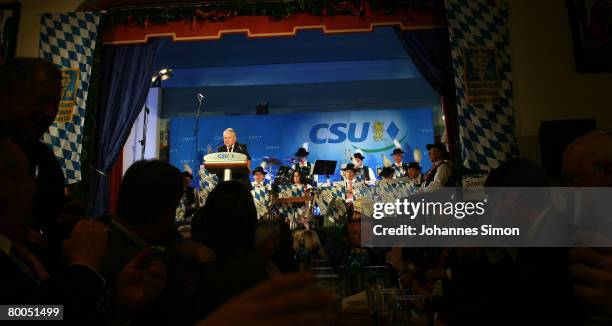 Erwin Huber , head of CSU delivers a speech during a CSU party rally in the Augustiner beer cellar on February 28, 2008 in Munich, Germany. The...