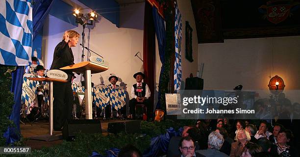 German Chancellor Angela Merkel delivers a speech during a CSU party rally in the Augustiner beer cellar on February 28, 2008 in Munich, Germany. The...