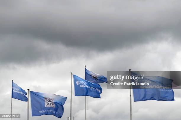 Dark clouds over centre court on day six at Queens Club on June 24, 2017 in London, England.