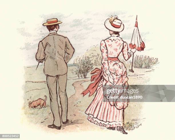 stockillustraties, clipart, cartoons en iconen met jonge victoriaanse paar wandelen in de natuur - 19th century couple